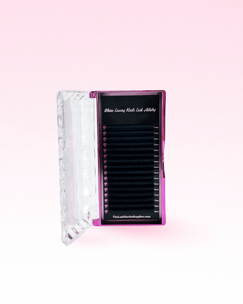 Open Dolluxe Lash Tray with black lashes and pink logo